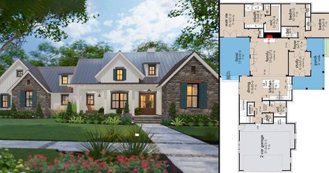 4-Bedroom Dual-Story New American Farmhouse with Bonus Expansion (Floor Plan) 2 Story Farmhouse, Mountain Contemporary Home, Baking Soda On Carpet, Double Carport, Southern House, American Farmhouse, Garage Floor Plans, Country Craftsman, Porch Flooring