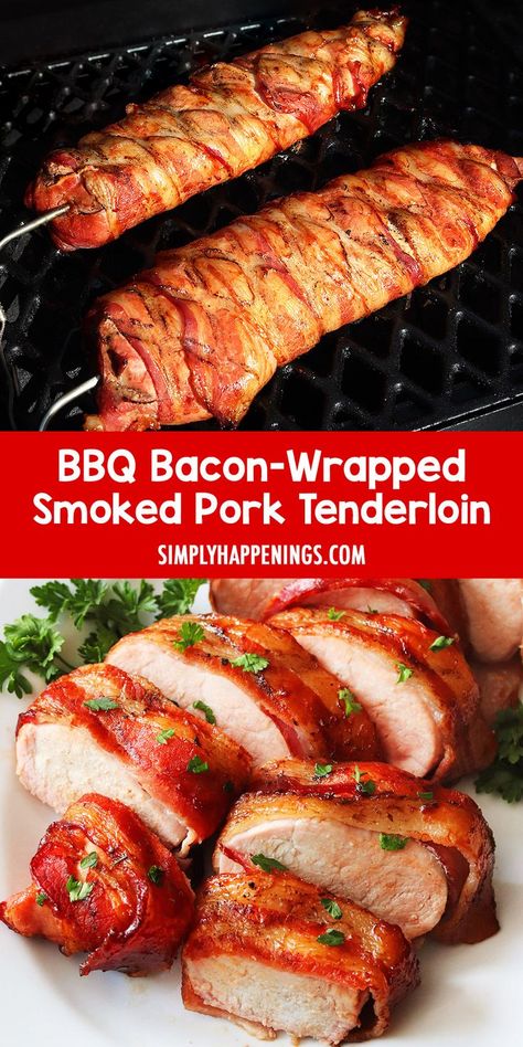 Tender BBQ Bacon-Wrapped Smoked Pork Tenderloin Grilled Pork Roast, Smoked Pork Tenderloin Recipes, Bacon Wrapped Pork Loin, Pork Tenderloin Marinade, Smoked Pork Tenderloin, Smoked Recipes, Bacon Wrapped Pork Tenderloin, Bacon Wrapped Pork, Tenderloin Steak