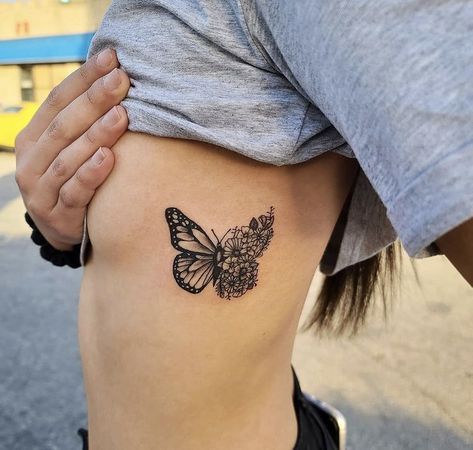 Upper Back Tattoos Female, Coverup Tattoo Ideas Ribs, Butterfly Side Tattoo Rib Cage, Butterfly Tattoo Rib Cage, Butterfly Chest Tattoo Female, Simple Cover Up Tattoos, Yellow Butterfly Tattoo, Colorful Butterfly Tattoo, Deep Tattoo