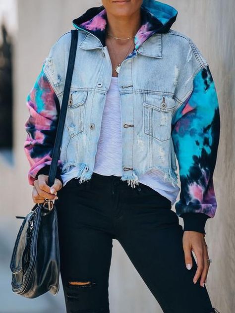 Tie Dye Jean Jacket, Ropa Upcycling, Tie Dye Jackets, Hooded Denim Jacket, Tie Dye Outfits, Long Sleeves Coats, Denim Coat Jacket, Mode Vintage, Blue Jean