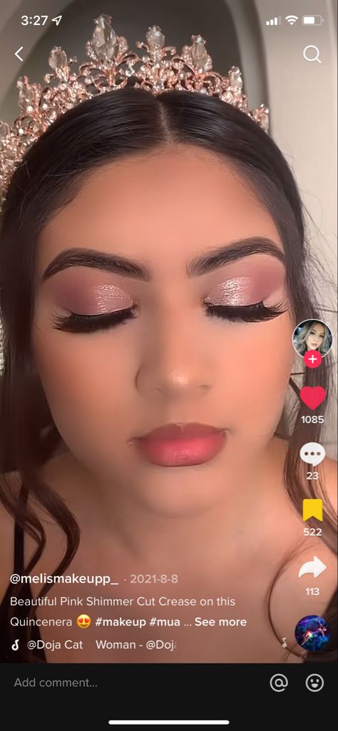 Make Up Looks For Quinceanera Pink, Pink Rose Gold Quince Nails, Blush Pink Quinceanera Makeup, Makeup Quinceanera Pink, Rose Gold Quince Makeup Looks, Quincenera Makeup Pink, Quinceanera Makeup Rose Gold, Pink Makeup Quinceanera, Xv Makeup Ideas Pink