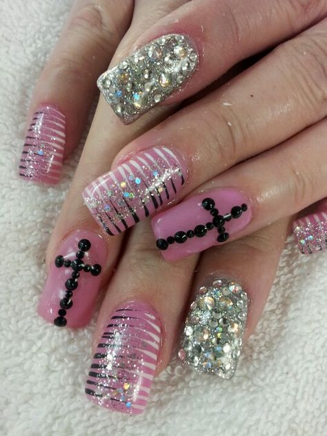 Pink Emo Nails, Mcbling Nails, Nails 2000s, Cross Nail Designs, Cross Nails, Grunge Nails, Y2k Nails, Really Cute Nails, Sparkle Nails