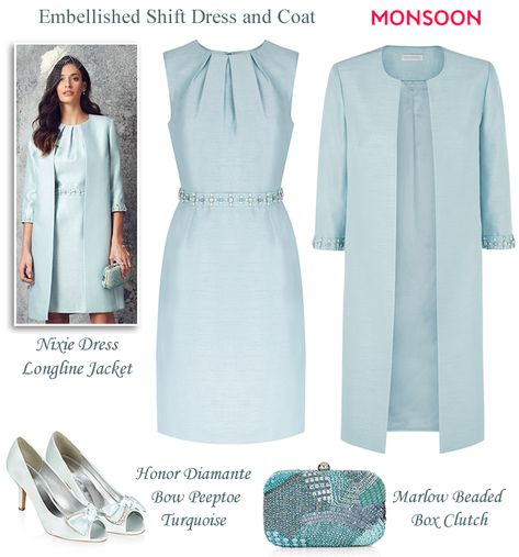 Monsoon light blue beaded shift dress and matching coat modern Mother of the Bride or Mother of the Groom wedding looks Modern Mother Of The Bride, Dress Coat Outfit, Mother Of Bride Outfits, Outfit Classy, Royal Clothing, Mother Of Groom Dresses, Coat Outfit, Mother Of The Bride Outfit, Blue Wedding Dresses