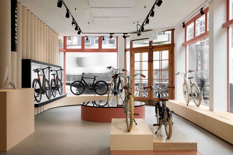 photo_credit Kasia Gatkowska Bike Store Design, Bike Shop Interior Design, Cycle Store Design, Amsterdam Bicycle, Cycle Store, Modular Housing, Bicycle Store, Bicycle Brands, Sport Shop