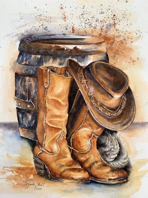 Cowboy Boots Painting On Canvas, Cowboy Watercolor Paintings, Watercolor Western Art, Cowboy Hat Painting Canvas, Country Art Paintings, Texas Painting Ideas, Western Watercolor Paintings, Western Painting Canvas, Western Painting Ideas