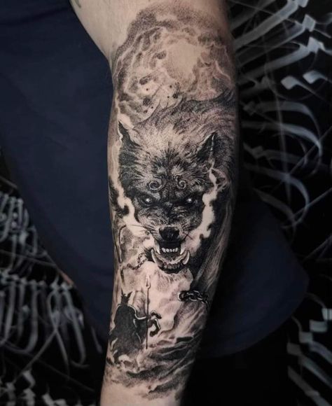 Fenrir Tattoo, Viking Warrior Tattoos, Norse Mythology Tattoo, Viking Tattoo Sleeve, Back Of Arm Tattoo, P Tattoo, Wolf Tattoo Sleeve, Samurai Tattoo Design, Warrior Tattoos