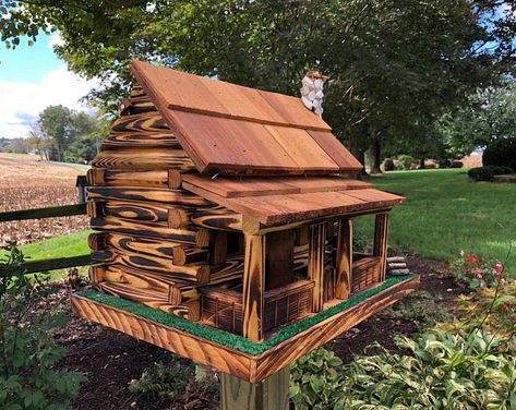 Birdhouse Modern Minimalist The Right Angle | Etsy Cabin Birdhouse, Barn Birdhouses, Fall Yard Decor, Birdhouses Rustic, Log Cabin Designs, Stone Chimney, Cedar Log, Yard And Garden, Unique Bird Houses