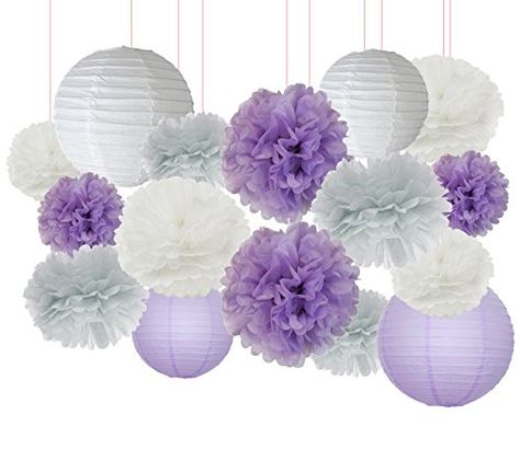 Furuix 16 pcs White Lavender Grey Purple 10inch 8inch Tissue Paper Pom Pom Paper Lanterns Mixed Package for Lavender Themed Party Bridal Shower Decor Baby Shower Decoration Pack list: 4 pcs 10inch paper lantern,2*white(1*8inch+1*10 inch)+2*lavender(1*8inch+1*10 inch) ;12pcs tissue pom poms:10inch:2*white+2*lavender+2* grey;.8inch:2*white+2*lavender+2* grey; Hang a variety of small, medium and large paper lanterns randomly across the whole marquee lining using our transparent clips; t... Diy Babyshower, Lavender Baby Showers, Paper Lanterns Party, Elephant Baby Shower Decorations, Purple Bridal Shower, Baby Nursery Diy, Paper Pom Pom, Purple Tissue Paper, Tissue Pom Poms