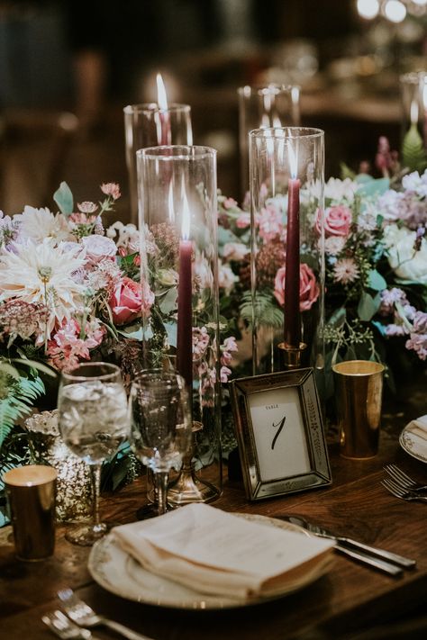 Mauve, blush, and plum long table centerpiece. Captured by M2 Photography https://m2-photography.net/ Plum Wedding Decorations, Long Table Centerpieces, Eggplant Wedding, Taper Candles Wedding, Candle Sticks Wedding, Wedding Reception Table Decorations, Wedding Table Designs, Plum Wedding, Wedding Tableware