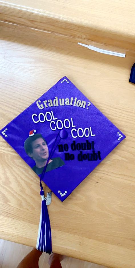 Brooklyn Nine Nine Graduation Cap, Brooklyn 99 Graduation Cap, Tv Show Graduation Cap, Aesthetic Graduation Caps, Funny Graduation Cap Designs, Funny Graduation Caps, College Grad Cap Ideas, Grad Cap Decorated, Graduation Cap Decoration Diy