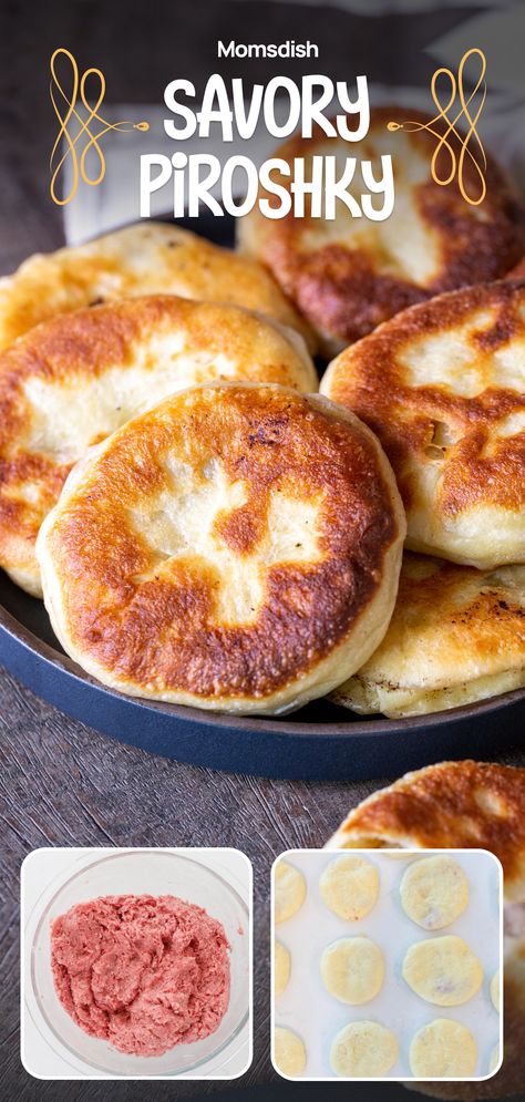 Peroski Recipe, Pirogies Recipes Polish, Ground Pork Recipe, Piroshki Dough Recipe, Sourdough Piroshki, Pirozhki Russian Foods, Piroshki Recipe Beef And Cheese, Meat Piroshki Recipe, Piroshky Recipe