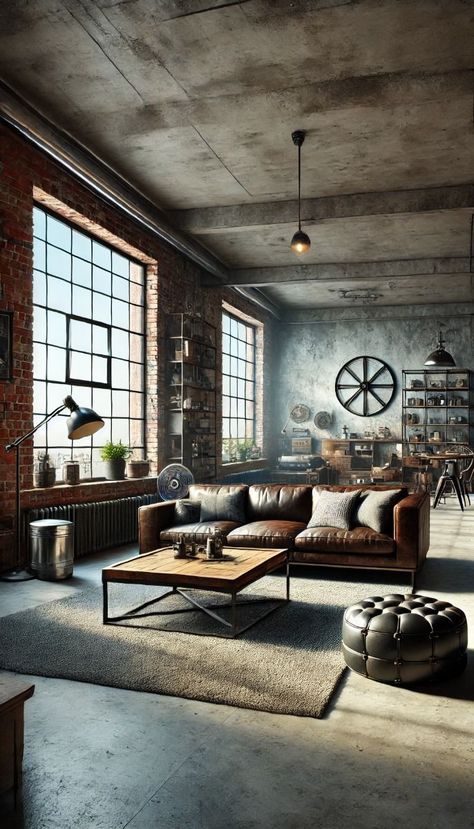 Check out our blog for more tips and inspiration. Industrial Style Living Room Interior. Living Room Inspiration. Industrial Living Room Idea. #Decor #Style #Exploring #the #DecorTips #HomeStyle #Raw #Industrial #Appeal #of Tiny Industrial Apartment, Eclectic Industrial Decor, Industrial Modern Decor, Warehouse Living Room, Timeless Interior Design Style, Industrial Living Room Ideas, Industrial Homes, Industrial Apartment Decor, Studio Plan