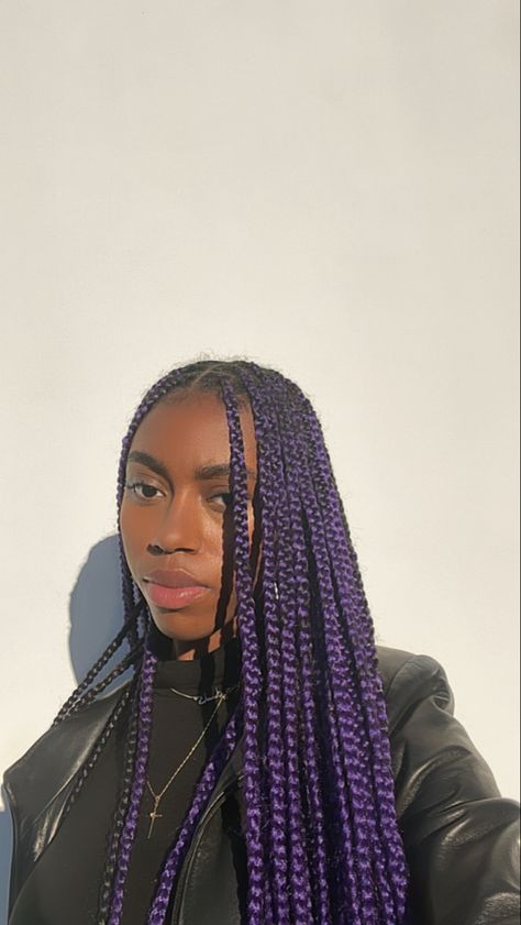 purple knotless braids 3 Colour Braids, Purple Braids Aesthetic, Knotless Box Braids Purple, Purple Protective Styles, Purple Peak A Boo Braids, Colourful Box Braids, Knotless Braids With Purple, Black And Purple Knotless Braids, Dark Purple Box Braids