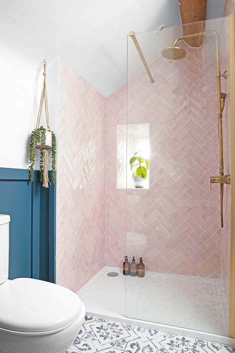 Ensuite Bathroom Ideas Pink, Pink Shower Room Ideas, Pink Herringbone Tile Bathroom, Light Blue And Pink Bathroom, Pink Ensuite Bathroom, Opal Tile Bathroom, Pink Tile Shower Ideas, Pink Tile Bathroom Ideas Color Schemes, Pink Bathroom Floor Tiles