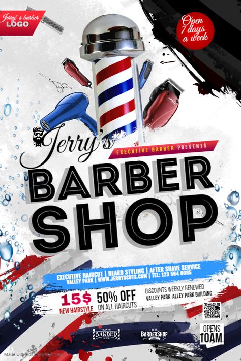 Customizing a barber shop flyer design template can help you create a personalized and eye-catching advertisement for your business. by adding your own text, images, and branding elements to a pre-designed template, you can save time and money while still achieving a professional and polished look. #barbershopflyerdesign #customflyerdesign #flyertemplatecustomization #barbershoppromotion #smallbusinessmarketing #graphicdesign #printdesign #branding #visualmarketing #socialmediapromotion White Barbershop, Shop Flyer Design, Barber Poster, Barber Logo, Promote Small Business, Poster Template Free, Barber Shop Decor, Business Flyers, Visual Marketing