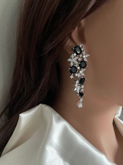 Black Statement Earrings, Black Stone Earrings, Studded Earrings, Cocktail Earrings, Earring Gift, Stone Studs, Wedding Jewelry Earrings, Indo Western, American Diamond