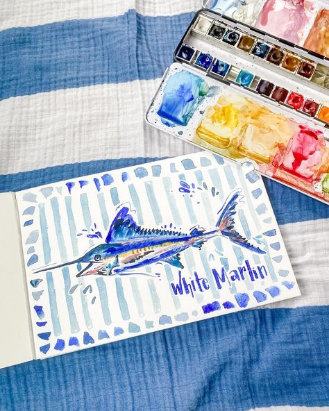 Sketch book things 🐟 Marlin Painting, White Marlin, Coastal Watercolor, B Day Cards, Watercolor Art Paintings, Watercolor Sketching And Journaling, Painting Blue, Creative Artwork, Book Things