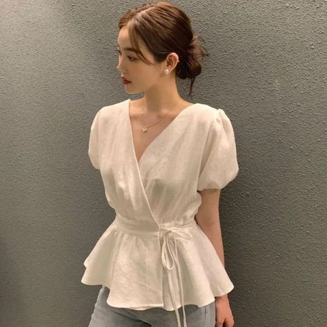 Happo - Puff-Sleeve V-Neck Plain Peplum Blouse | YesStyle Ruffled Shirt, Downtown Outfits, Summer Retro, Y2k Outfits, Ruffle Shirt, Cargo Skirt, Peplum Blouse, Casual Winter Outfits, Dress Codes