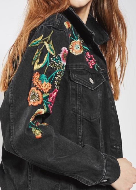 Black Denim Jacket Embroidery, Denim Jacket Embroidery, Denim Embroidery, Upcycle Clothes Diy, Black Jean Jacket, Diy Jacket, Embroidery On Clothes, Denim Diy, Embellished Denim