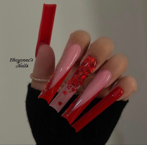 Red Nail Inspo Acrylic Square, Red Valentines Day Nails Acrylic, Red Acrylic Nails, Pink Ombre Nails, Valentine Nail Art, Nail Designs Valentines, Long Acrylic Nail Designs, Dope Nail Designs, Long Acrylic Nails Coffin