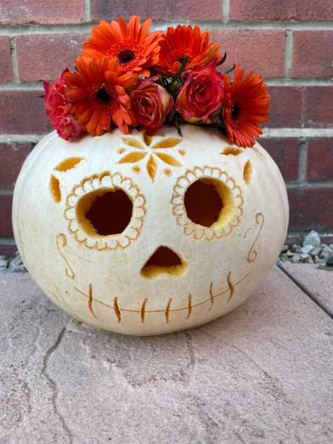 Pumpkin inspired by Día de los Muertos Dia De Los Muertos Pumpkin Ideas, Day Of The Dead Pumpkin, Pumpkin Ideas, Inspired By, Crafty Craft, Day Of The Dead, Pumpkin Carving, The Dead, Halloween Wreath