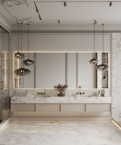 Neo Classic Bathroom Interior Design, Modern French Interior Design Bathroom, Neoclassic Modern Interior, Parisian Modern Bathroom, Neoclassical Bathroom Design, Master Bathrooms Luxury Modern, Neo Classical Bathroom, New Classic Bathroom, Bathrooms Luxury Modern