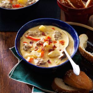 Cheeseburger Soup Recipe | Taste of Home Bacon Cheeseburger Dip, Cheese Burger Soup Recipes, Hearty Soup Recipes, Cheeseburger Soup, Chowder Recipe, Best Bacon, Tater Tots, Bacon Cheeseburger, Chowder Recipes