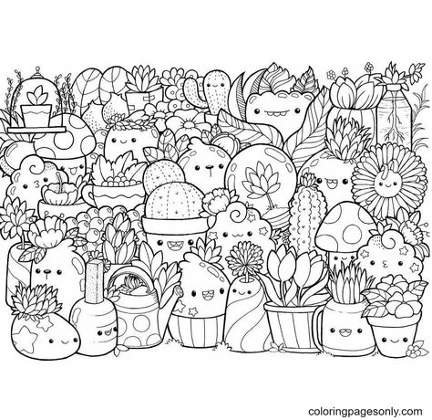 Cute Doodle Coloring Pages, Kawaii Colouring Pages, Dope Coloring Pages, Free Color Pages, Adult Coloring Sheets, Doodle Coloring Pages, Succulent Doodle, Kawaii Flowers, Fargelegging For Barn