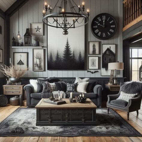 Black Farmhouse Decor Living Room, Black Farmhouse Decor, Romantic Gothic Home Decor, Black Farmhouse, Gothic Home, Farmhouse Decor Living Room, Rustic Living, Gothic Home Decor, Rustic Living Room