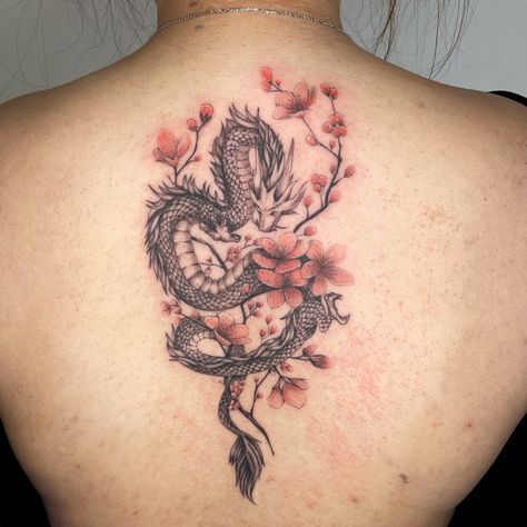 Back Tattoo Women Dragon, Dragon Cherry Blossom Tattoo, Cherry Blossom Tattoo Men, Dragon Cherry Blossom, Dragon Tattoo With Flowers, Cherry Blossom Dragon, Dragon Tattoo Back, Black Dragon Tattoo, Rings Tattoo