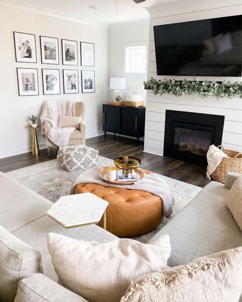 Living Room With Ottoman, Kid Friendly Coffee Table, Fireplace Remodel Diy, Kid Friendly Living Room, Family Friendly Living Room, Diy Floating Shelves, Havenly Living Room, Fall Living Room Decor, Fall Living Room