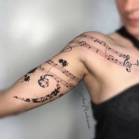 Music Arm Sleeve Tattoos, Music Notes Tattoo Sleeve, Music Tattoo Notes, Musical Staff Tattoo, Music Back Tattoos For Women, Musical Tattoo Sleeve, Music Back Tattoo, Music Arm Tattoo, Music Forearm Tattoo