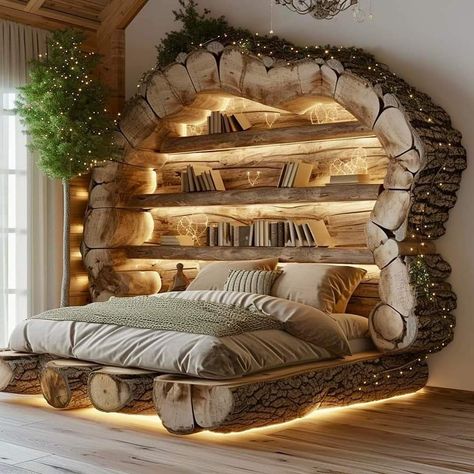 Tree Bed, Natural Bedroom, Cabin Inspiration, House Interior Design Styles, Fantasy Rooms, Mansion Floor Plan, Stone Interior, Creative Bedroom, Lodge Decor