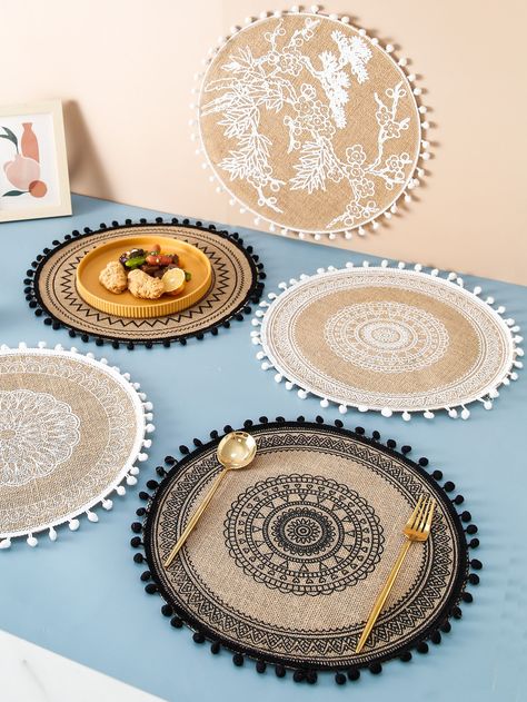 Multicolor    Cotton&Linen      Kitchen & Dining Pom Pom Trim, Mandala Pattern, Table Mats, Graphic Prints, Placemats, Embroidery Patterns, Burlap, Pom Pom, Decorative Plates