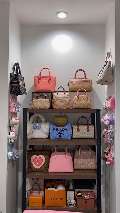 Big Purse Organization, Purse Organization Ideas Bedroom, Bedroom Bag Storage, Purse Organization Aesthetic, Creative Purse Display, Purse Shelf Display, Bag Shelves Ideas, Purse Collection Aesthetic, Purse Shelves Display