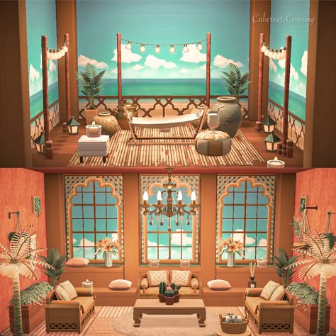 Animal Crossing Islanders Homes, Animal Crossing Beach House Interior, Acnh Interior Ideas, Happy Homes Paradise Restaurant, Acnh Tropical House Interior, Acnh Beach Interior, Acnh Beach House Interior, Happy Home Paradise Spa, Marina House Acnh