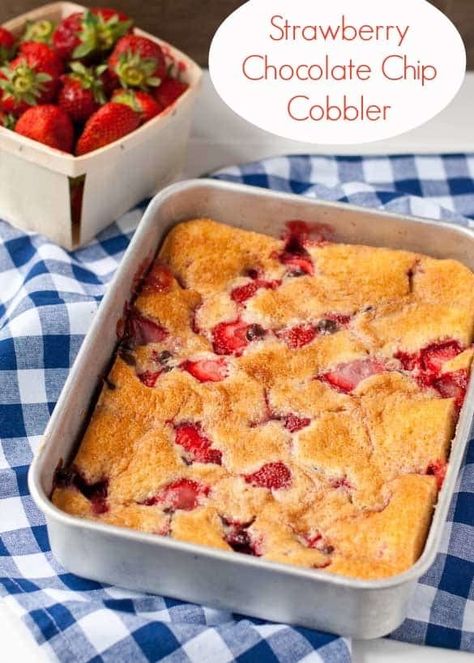 Strawberry Chocolate Chip Cobbler Gf Cobbler, Strawberry Chocolate Chip, Strawberry Cobbler, Chocolate Cobbler, Strawberry Treats, Mixer Recipes, Fruit Cobbler, Strawberry Chocolate, Cobbler Recipes