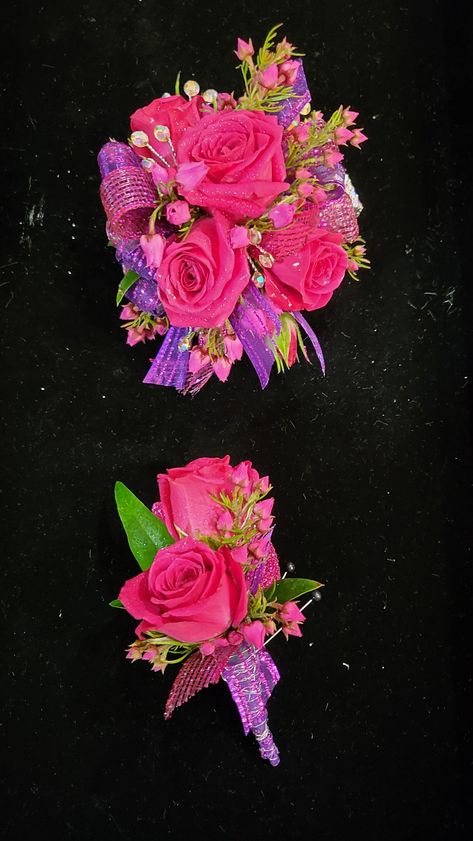 Hot Pink Flower Corsage, Hot Pink Corsage, Hot Pink Prom Dresses, Corsage Ideas, Homecoming Flowers, Prom Corsages, Senior Homecoming, Homecoming Corsage, Corsage Prom