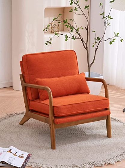 This burnt orange accent chair is a perfect way to add color to your living room, bedroom, or any living space. This chair comes in many different colors and can spruce up any room! #ad #amazonaffiliate Wood Frame Arm Chair, Mid Century Accent Chair, Mid Century Modern Accent Chairs, Living Room Orange, Upholstered Accent Chairs, Modern Accent Chair, Lounge Armchair, Mid Century Modern Chair, Modern Armchair