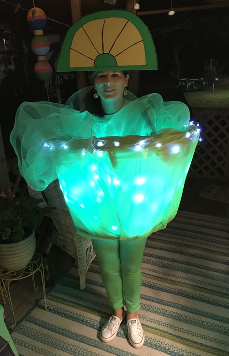 Margarita. Made from two different size hula hoops, wood stakes, plastic tablecloth, green and white lights. Cocktail Costume Diy, Green Theme Outfit, Margarita Costume Diy, Margarita Outfit Ideas, Margarita Halloween Costume, Margarita Costume, Alcohol Halloween Costumes, Diy Margarita, Cocktail Costume