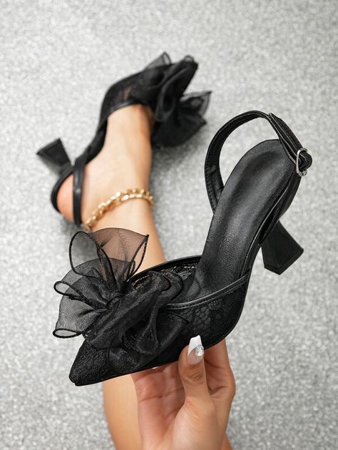 Elegant Black Slingback Pumps For Women, Bow Decor Mesh Point Toe Sculptural Heeled Pumps | SHEIN USA Black Fancy Shoes, Bridemaids Shoes, Black Wedding Shoes, Bridesmaid Dress Shoes, High Heels Classy, Heels Prom, Black Kitten Heels, Shoes Heels Classy, Party Pumps