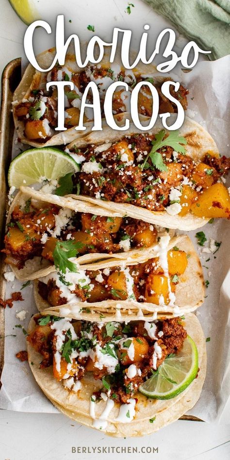 Take Taco Tuesday to the next level with Chorizo Tacos! Chorizo sausage is the ultimate in flavor packed filling. Spiced and seasoned to perfection, cooked with savory garlic and diced onions. Serve in a warmed tortilla with your favorite toppings, and you’ve got a taco recipe you’ll want to make every night of the week! Chorizo And Potato Tacos, Elote Cart, Mini Tacos Recipe, Chorizo Recipes Dinner, Sausage Tacos, Chorizo Tacos, Slow Cooker Pasta Recipes, Chorizo And Potato, Taco Taco