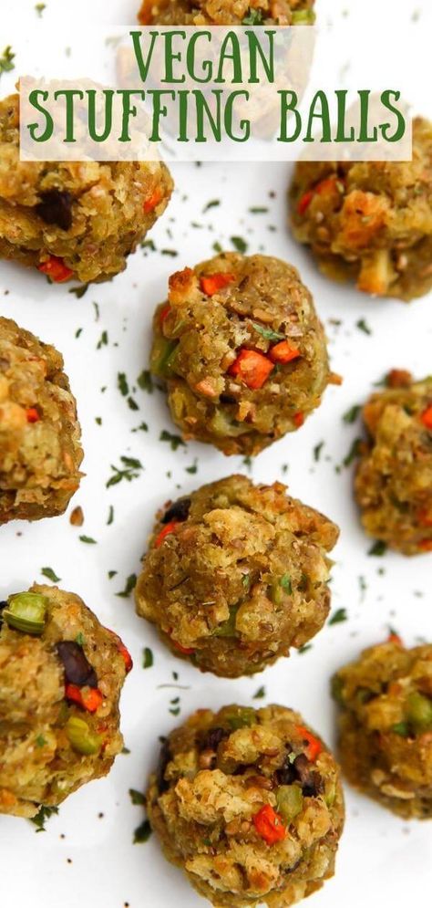 Vegan Sausage Stuffing Thanksgiving, Eggless Stuffing Recipe, Vegan Appetizers For Thanksgiving, Vegan Football Snacks, Stuffing Bites, Vegan Stuffing, Leftover Stuffing Recipes, Vegan Superbowl Food, Stuffing Balls Recipe