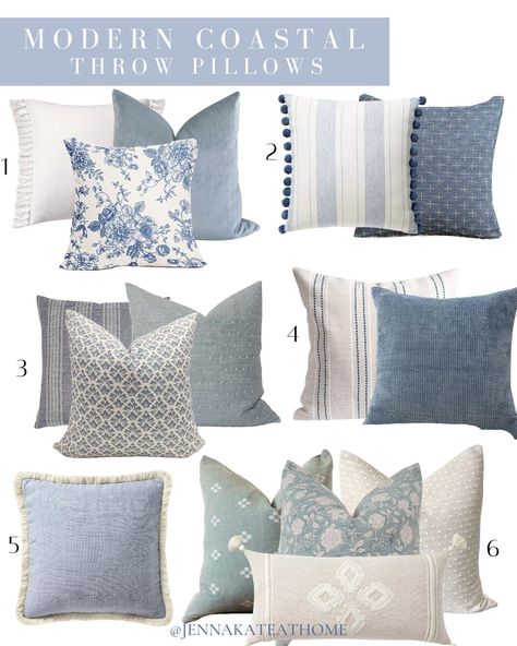 Do you love modern coastal decor? Want to achieve the same look in your home? Here's the best decor ideas, color palettes and inspiration to help you! Coastal Cushions Couch, Modern Coastal Mantle Decor, Costal Pillows, Aloha Decor, Blue Living Room Decor Ideas, Palette Bleu, French Coastal Decor, Organic Coastal, Elegant Coastal Decor