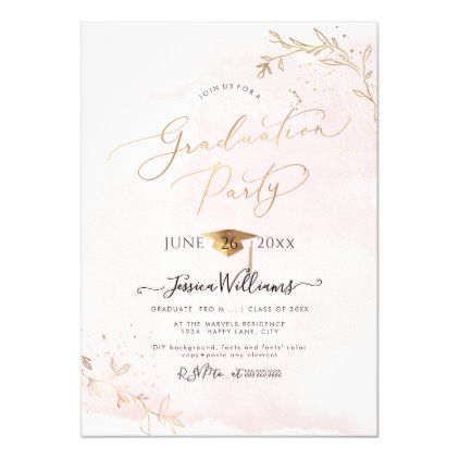 Pink Watercolor Background, Graduation Invitation Cards, Invitation Graduation, Gold Foliage, Graduation Party Planning, Grad Invitations, Graduation Invitation, Class Of 2023, Gold Caps