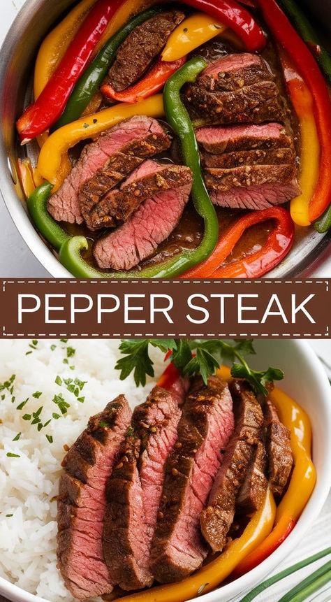 Pepper Steak – This Pepper Steak features tender beef and vibrant peppers in a savory sauce, served over fluffy rice. A hearty and satisfying meal that the whole family will love! Peppered Steak And Rice, Steak And Peppers Recipe, Healthy Steak Dinner, Steak And Peppers, Pepper Steak And Rice, Healthy Steak, Steak And Rice, Pepper Steak Recipe, Sauteed Peppers