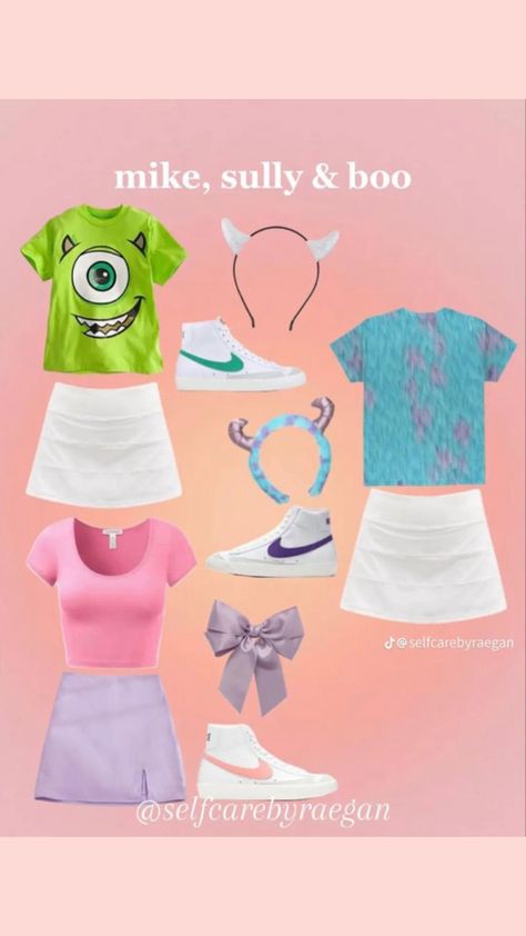 Monsters Inc Trio Costume, Group Disney Bounding, Disneybound Trio, 3 Person Disney Costumes, Trio Halloween Costumes Princess, Trio Cute Halloween Costumes, Disney Costumes For 4 People, Trio Disney Costumes, Matching Disney Outfits Bff