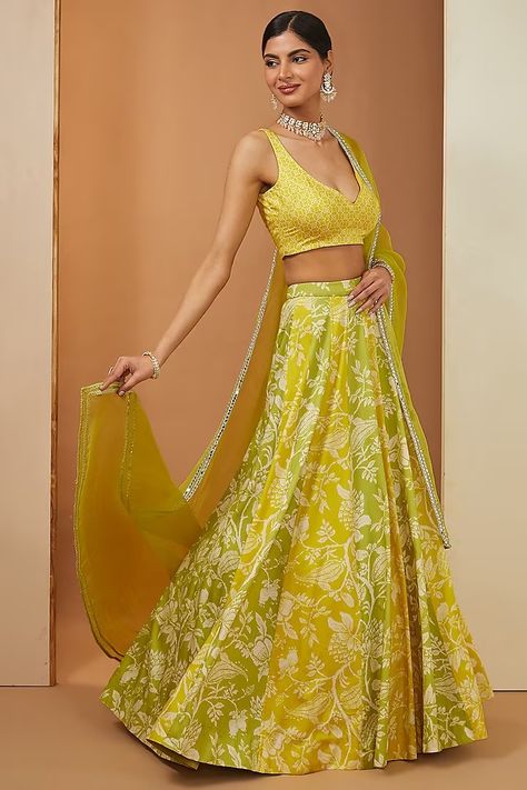 Lemon Yellow & Green Modal Printed Lehenga Set Design by Esha Koul at Pernia's Pop Up Shop 2024 Yellow Sharara Suits, Yellow Sharara, Dandelion Yellow, Kids Studio, Sharara Suit, Dupion Silk, Sharara Set, Indian Fashion Designers, Silk Organza