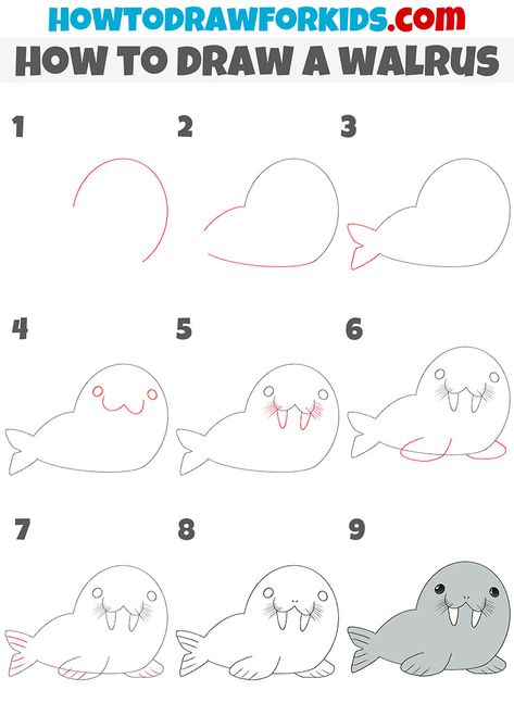 Walrus Drawing Easy, Cute Walrus Drawing, How To Draw Cartoon Animals Step By Step, Walrus Doodle, Walrus Drawing, Walrus Illustration, Floral Sketches, Make Drawing, Cartoon Sea Animals