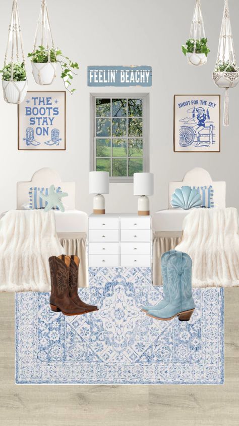 #dorminspo #dormdecor #dorm #bedroom #coastal #coastalcowgirl #blue Coastal Cowgirl Dorm Aesthetic, Costal Granddaughter Dorm Room, Coastal Cowboy Apartment, Blue Coastal Cowgirl Bedroom, Coastal Cowgirl Bedding, Costal Granddaughter Dorm, Coastal Dorm Room Aesthetic, Costal Cowgirl Bedrooms, Costal Cowgirl Dorm